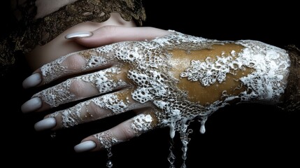 Artistic Display of Elegantly Painted Hand with Liquid Texture Against Black Background