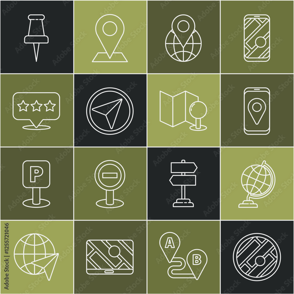 Poster set line folded map with location, earth globe, city navigation, location the, infographic of city, 