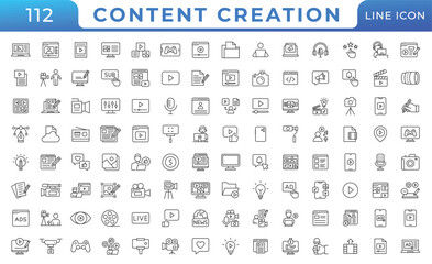 Content creation line icons set. Related social media, video editing, photography, graphic design, writing, podcasting, and more vector illustration.