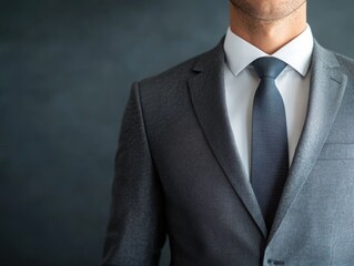 A professional man in a tailored suit, embodying confidence and sophistication against a dark background.
