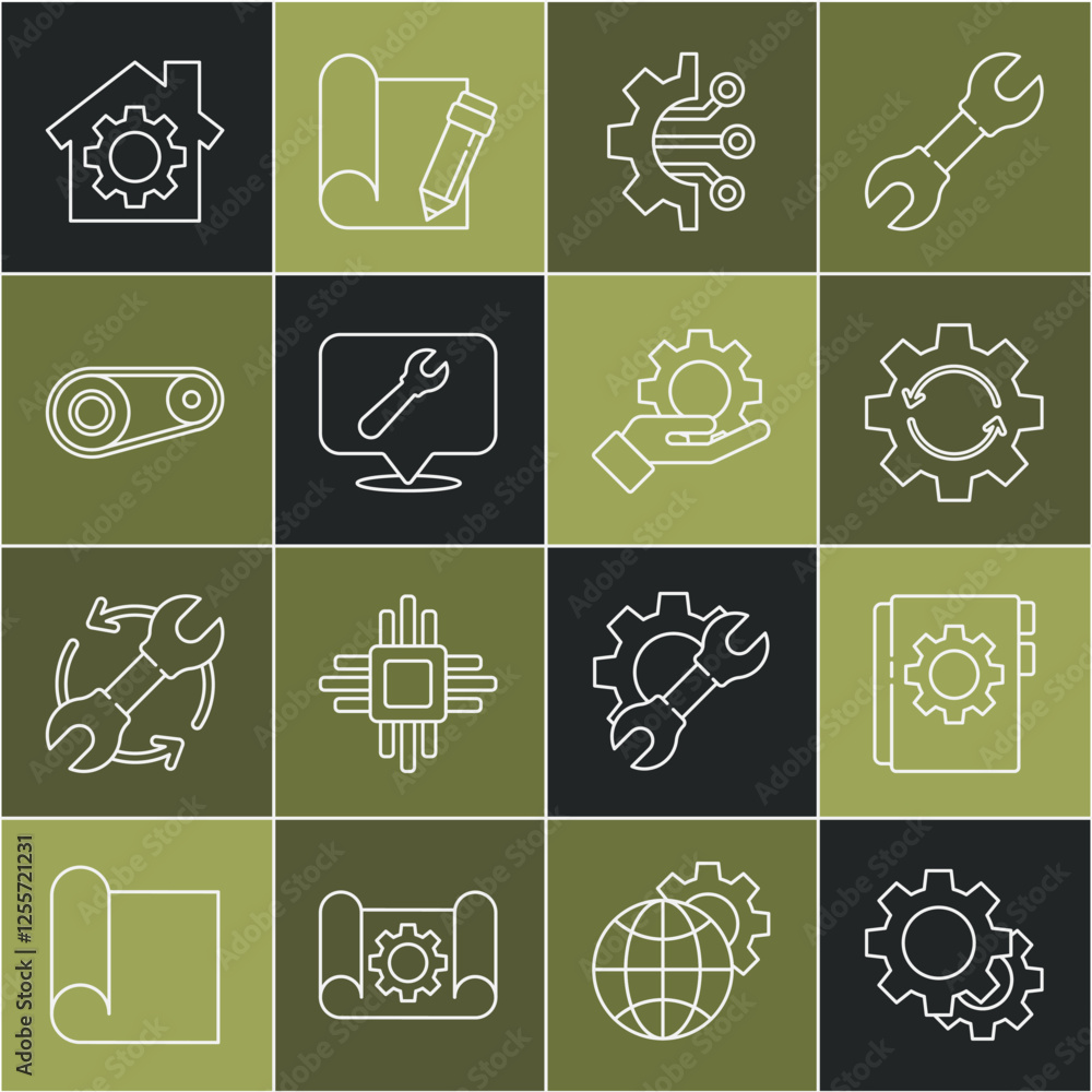 Poster set line gear, user manual, and arrows as workflow, algorithm, location with wrench spanner, timing 