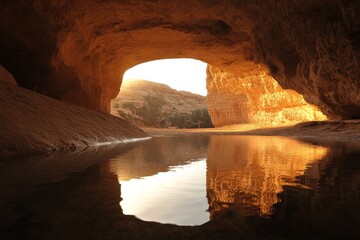 Golden reflections in tranquil water beneath a rocky arch at sunset in a serene desert landscape