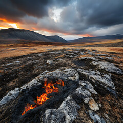 Naklejka premium Burning grass in the mountains. Dramatic sky at sunset.