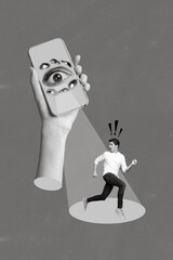 Vertical abstract collage image of arm hold telephone screen human eyes look watch running away...