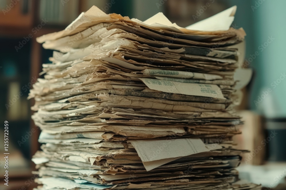 Poster stack of papers on a table surface