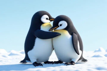 Naklejka premium Two adorable penguins standing on snow, expressing affection under clear blue sky