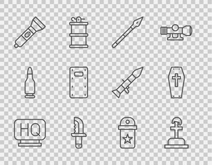 Set line Military headquarters, Soldier grave, Medieval spear, knife, Flashlight, assault shield, Chevron and Coffin with cross icon. Vector