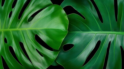 Close up view of two plant leaves, vibrant green with water droplets, displaying intricate patterns and textures, dark background