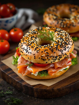Savory Bagel topped with Smoked Salmon and Fresh Colorful Vegetables for a delicious meal