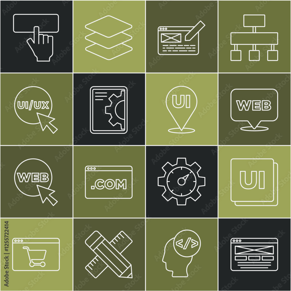 Poster set line ui or ux design, web and graphic, development, keyboard and icon. vector
