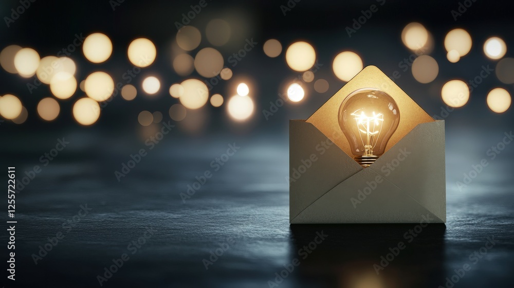 Poster Light Bulb Inside Envelope on Dark Background with Soft Bokeh Effect