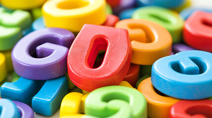 Fototapeta premium Colorful alphabet letters, learning, education, close-up, background blur, teaching tools