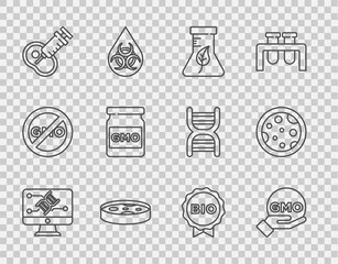 Set line Genetic engineering modification, GMO, Test tube and flask, Petri dish with bacteria, Genetically modified meat, Label for bio healthy food and icon. Vector