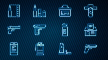 Set line Pistol or gun, Hunting shop weapon, Military ammunition box, Desert eagle, Bullet, Weapons oil bottle and icon. Vector