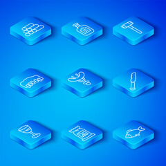 Set line Wine glass, Sausage on the fork, Barbecue coal bag, Bread knife, Kitchen hammer, Grilled pork bbq ribs, Wooden logs and Fish icon. Vector