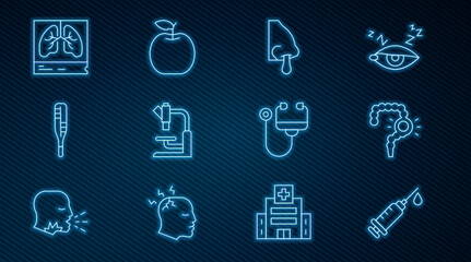 Set line Syringe, Gut constipation, Runny nose, Microscope, Medical thermometer, Lungs x-ray, Stethoscope and Apple icon. Vector