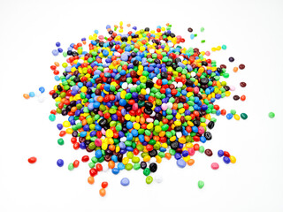 Colorful masterbatch granule, mix color polypropylene polymer granules, cold cutting type granule texture, isolated on white background, for industrial plastic company profile product catalog design