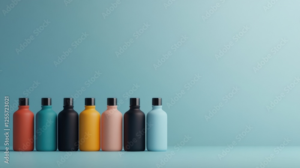Poster colorful bottles on a minimalistic background in pastel tones