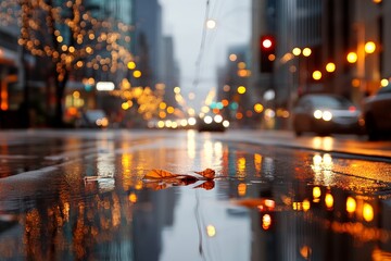 City street with rain-soaked pavement reflecting lights and autumn leaves during evening hours