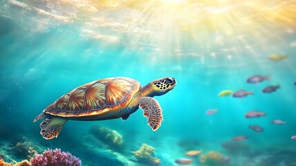 Obraz premium Sea Turtle Gracefully Swimming Underwater Amidst Coral Reef