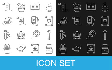 Set line Bottle with potion, Magic wand, Ancient magic book, Sparkle stars trick, and Three tarot cards icon. Vector