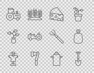 Set line Scarecrow, Shovel, Cheese, Wooden axe, Tractor, Can container for milk and Full sack icon. Vector