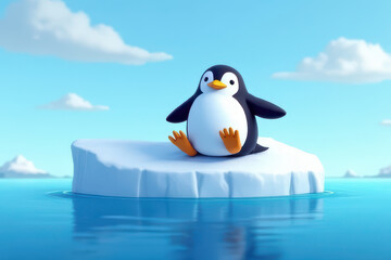 Fototapeta premium cute penguin sits on floating ice sheet in calm, blue ocean under sunny sky