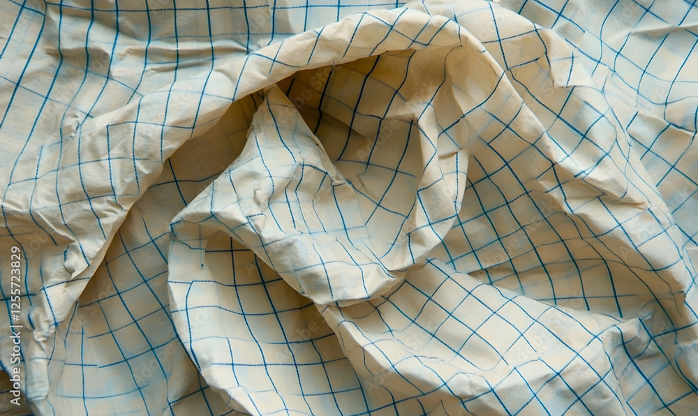 Poster abstract image of crumpled beige fabric with a blue grid pattern, creating a textured and visually i