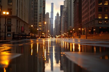 Morning glow reflects in puddles on empty city street after rain