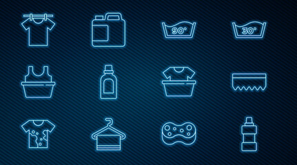 Set line Bottle for cleaning agent, Sponge, Temperature wash, Basin with shirt, Drying clothes, and icon. Vector