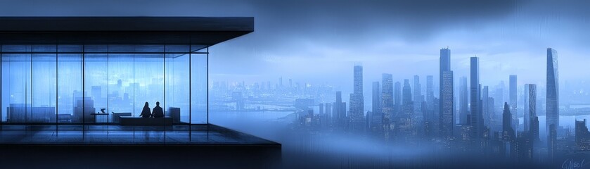 Couple in glass office modern urban workspace with stunning city view