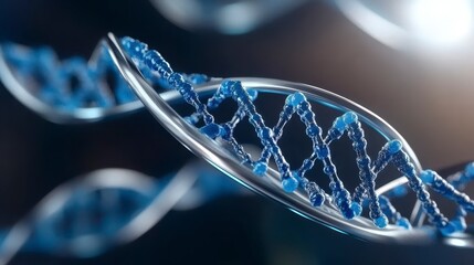 Close up view of dna strands, featuring a complex network of silver toned and blue toned elements. The image evokes a sense of scientific precision