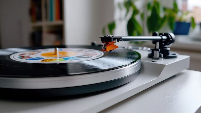 Close-up of vinyl record on turntable