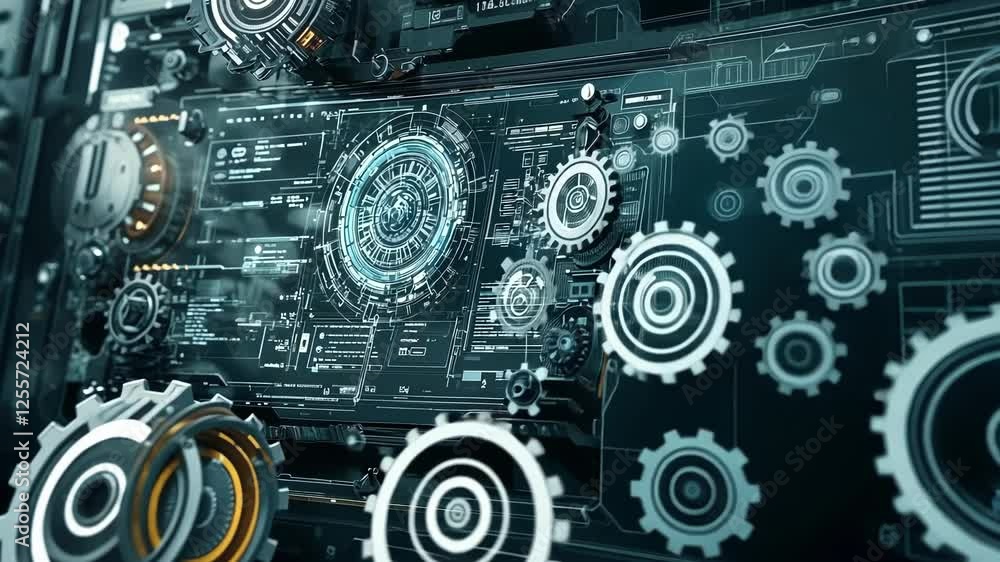 Poster complex futuristic control panel displaying a rotating circular diagram, data analysis, and surround