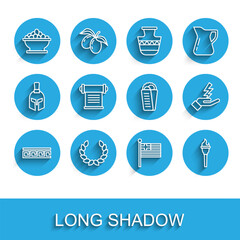 Set line Ancient Greek pattern, Laurel wreath, Olives in bowl, Greece national flag, Torch flame, Decree, parchment, scroll, Zeus and Gyros Pita icon. Vector