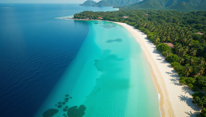 Stunning Aerial View of Tropical Beach Turquoise Water White Sand Palm Trees