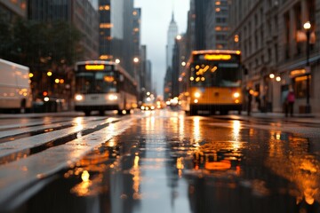 Rainy city street with city buses and reflections in New York at dusk