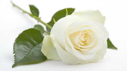 A beautifully lit photograph of a white rose on a light backdrop, showcasing its elegance with clean space for design.