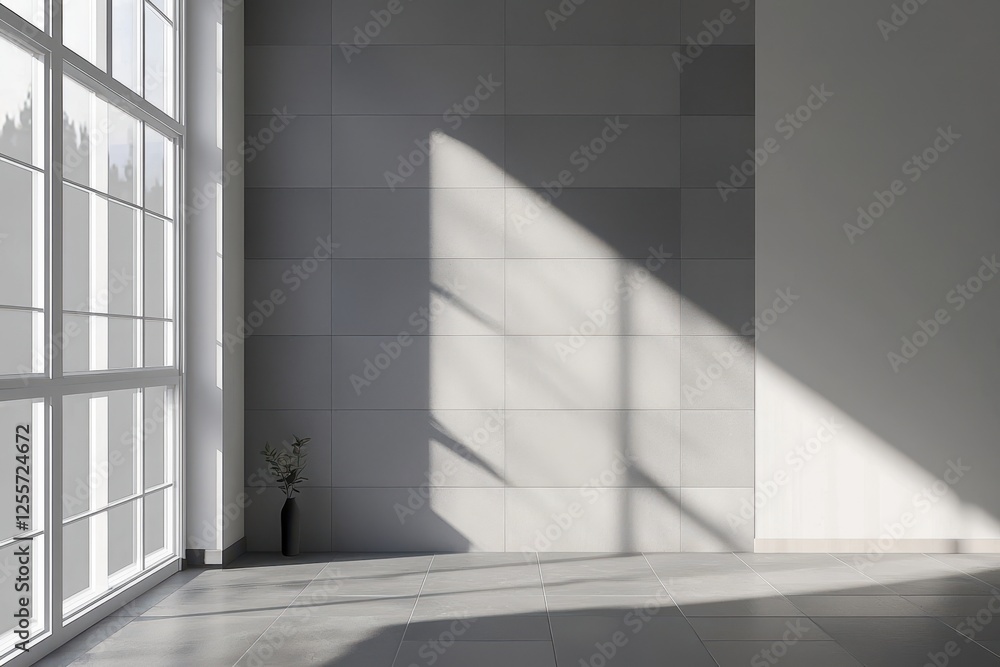 Poster a minimalist interior with a large window casting angular shadows on a light-colored wall and floor,