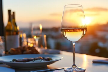 Obraz premium Elegant dining experience with fine wine and sunset view overlooking the city skyline