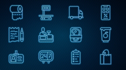Set line Paper bag with bread loaf, Delivery cargo truck, Cashier at cash register, Shopping list and pencil, Toilet paper roll, Meat packaging steak and Electronic scales icon. Vector