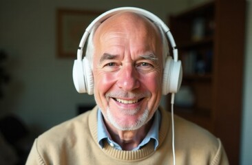 An elderly smiling man listens to music in white large headphones at home.