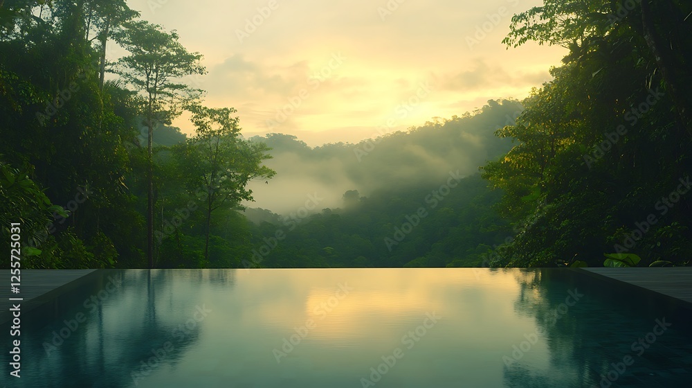 Aufkleber a serene landscape featuring a tranquil infinity pool reflecting a misty forest during sunrise, surr