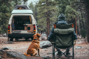 Backview of anonymous young man in camping chair with dog looking at camper van in woods