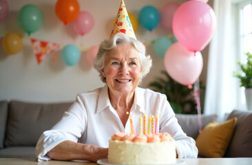 An elderly happy woman celebrates her birthday.