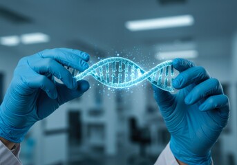 Close up doctor holds neon blue DNA double helix structure or molecule. CRISPR gene editing, gene therapy. Treatment of blood cancer and hereditary disease. Genetics and healthcare innovation. Space.