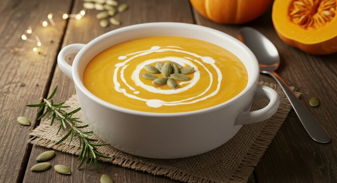 Creamy pumpkin soup with pumpkin seeds and fresh rosemary on rustic table