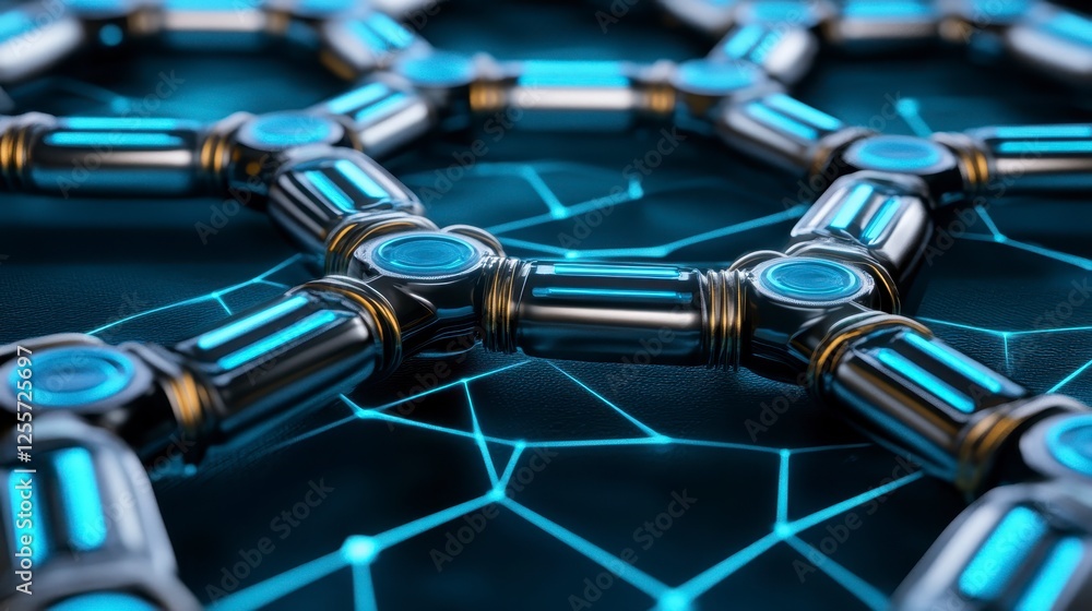 Poster close up view of interconnected mechanical arms, linked in a complex network pattern. the arms featu