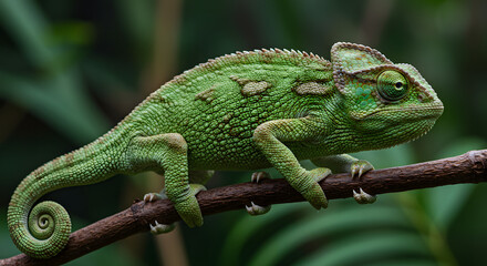 Fototapeta premium Green Chameleon on Branch Close-up