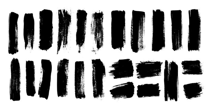 Brush samples black vector collection. Rugged creative streaks coarse textures, worn abstract smudges, lines blurred paint raw splashes techniques, isolated illustrations on white background
